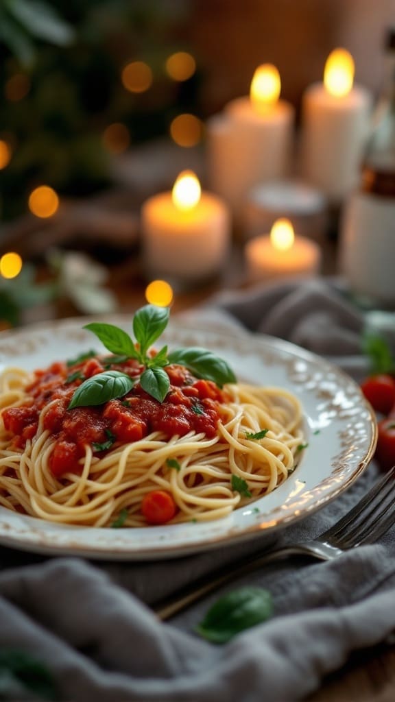 A plate of spaghetti with tomato sauce and basil, perfect for a romantic dinner.