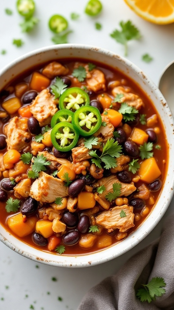 Bowl of delicious rotisserie chicken and black bean chili garnished with cilantro and jalapeños.