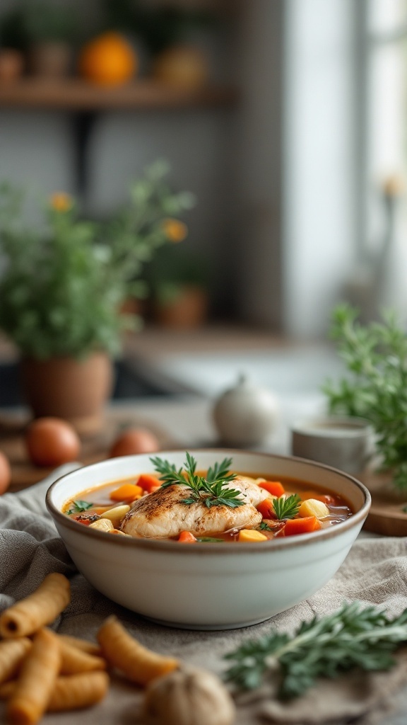 A bowl of rotisserie chicken soup with seasonal vegetables, garnished with herbs.