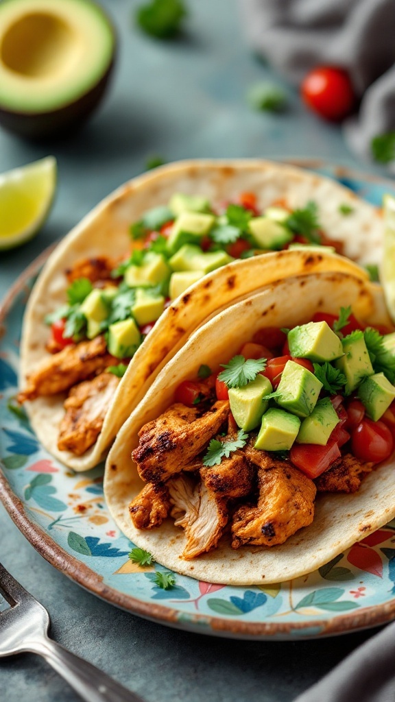 Delicious rotisserie chicken tacos topped with fresh avocado salsa