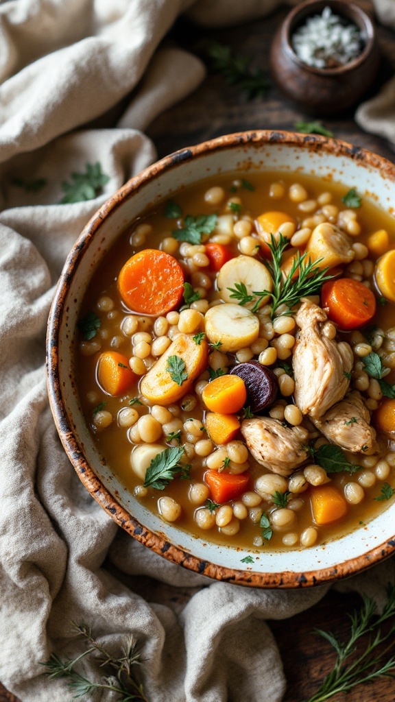 A bowl of rustic chicken and barley soup.