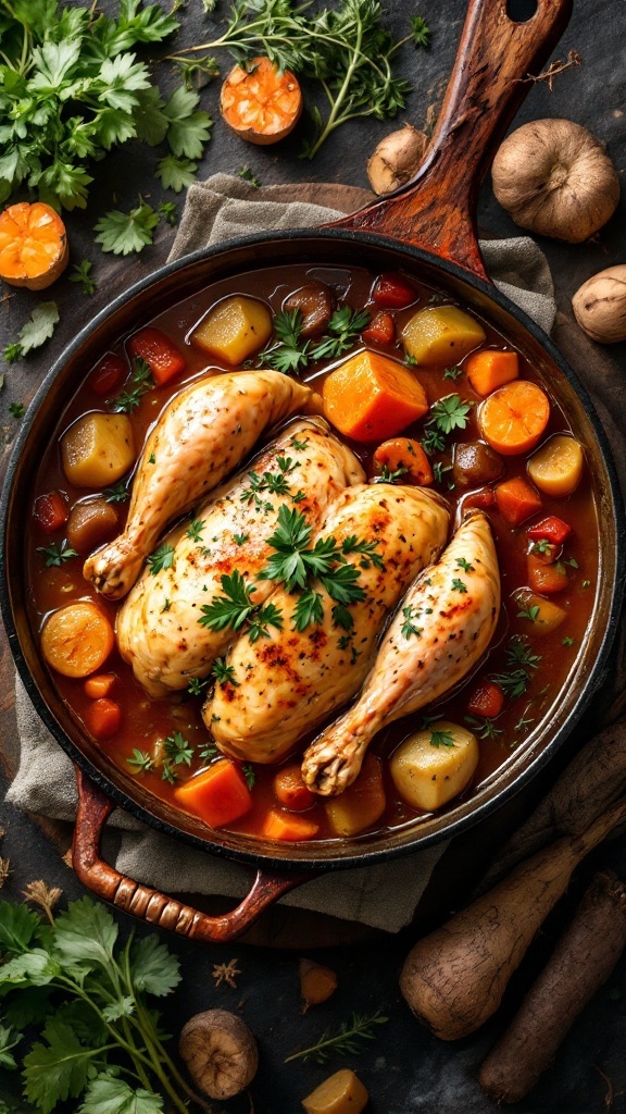 A hearty chicken and root vegetable stew with vibrant colors and fresh herbs.