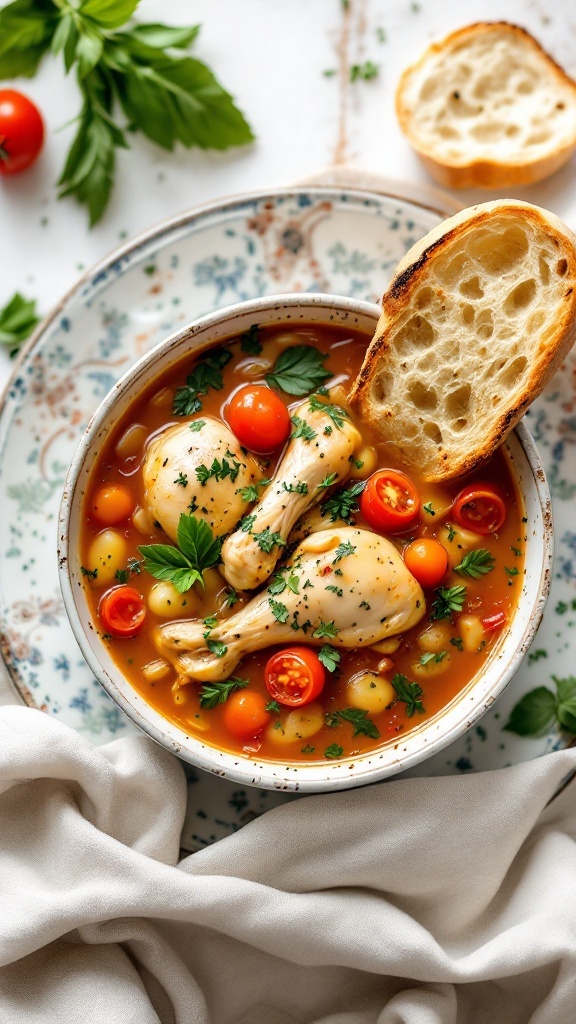 A bowl of rustic Italian chicken soup topped with cherry tomatoes and herbs, served with a slice of bread.