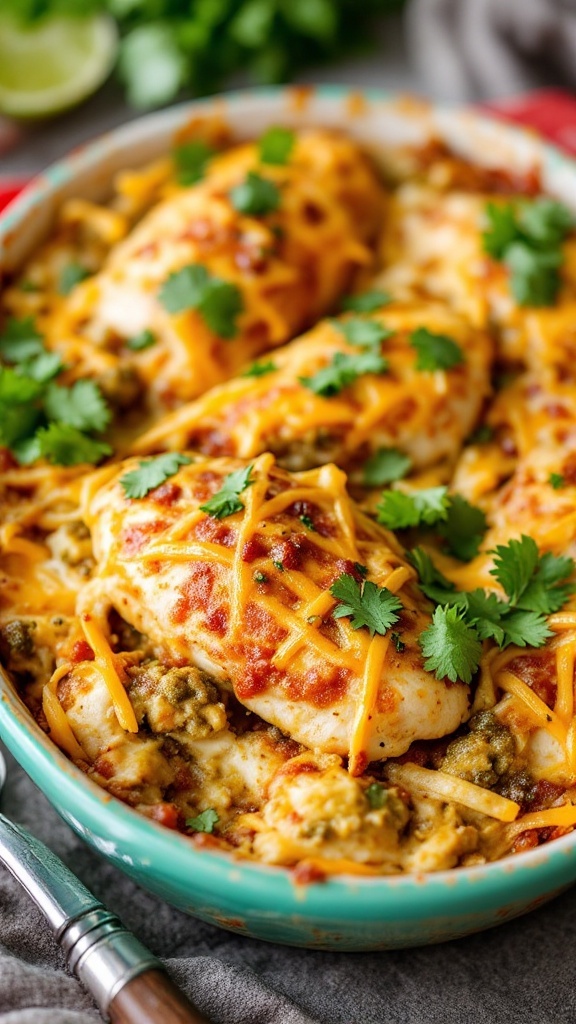 A delicious Salsa Verde Chicken Casserole topped with cheddar cheese and cilantro.