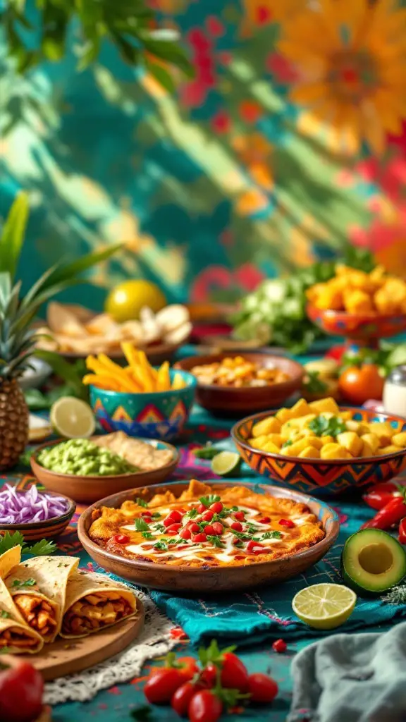 A colorful Mexican feast with enchiladas, guacamole, and fresh vegetables.