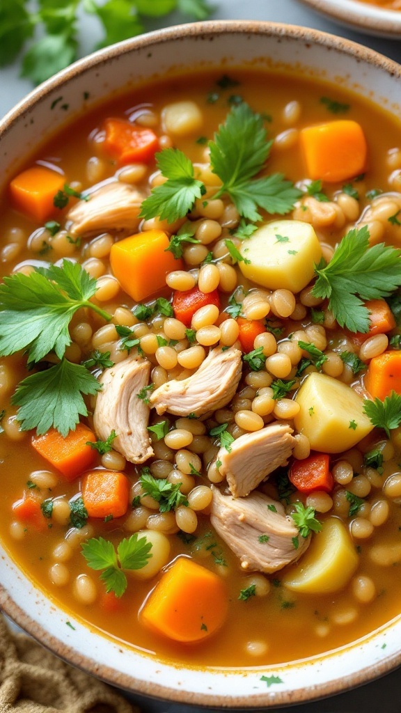 A bowl of savory chicken and barley vegetable soup, filled with vegetables and shredded chicken.