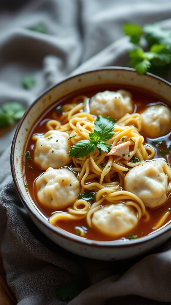 A bowl of chicken and dumpling noodle soup with noodles, dumplings, and garnished with herbs.