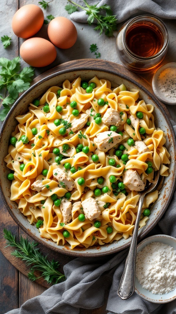 A bowl of chicken and egg noodle casserole with peas, garnished with herbs.