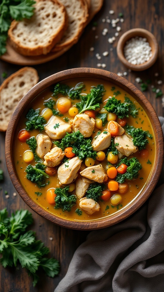 A bowl of savory chicken and kale soup with colorful vegetables.