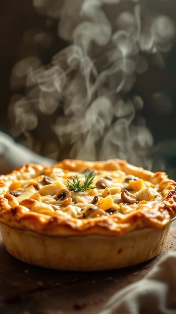 A delicious chicken and mushroom pot pie with steam rising from it.