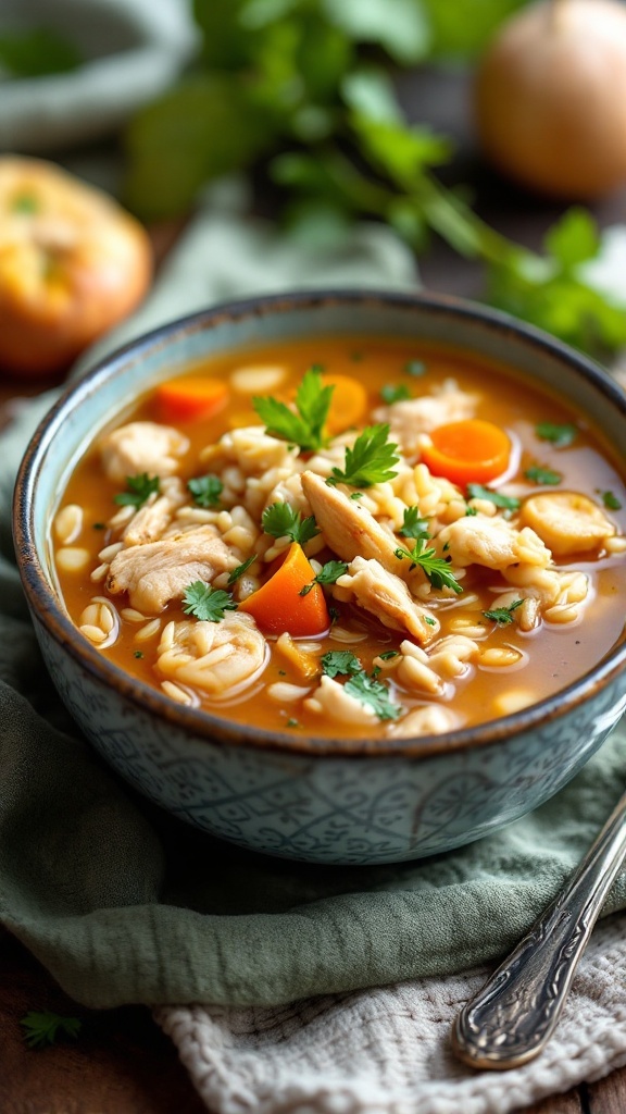 A bowl of savory chicken and rice soup with fresh parsley on top