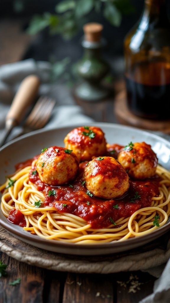 Savory chicken meatballs served with marinara sauce on a plate of spaghetti.