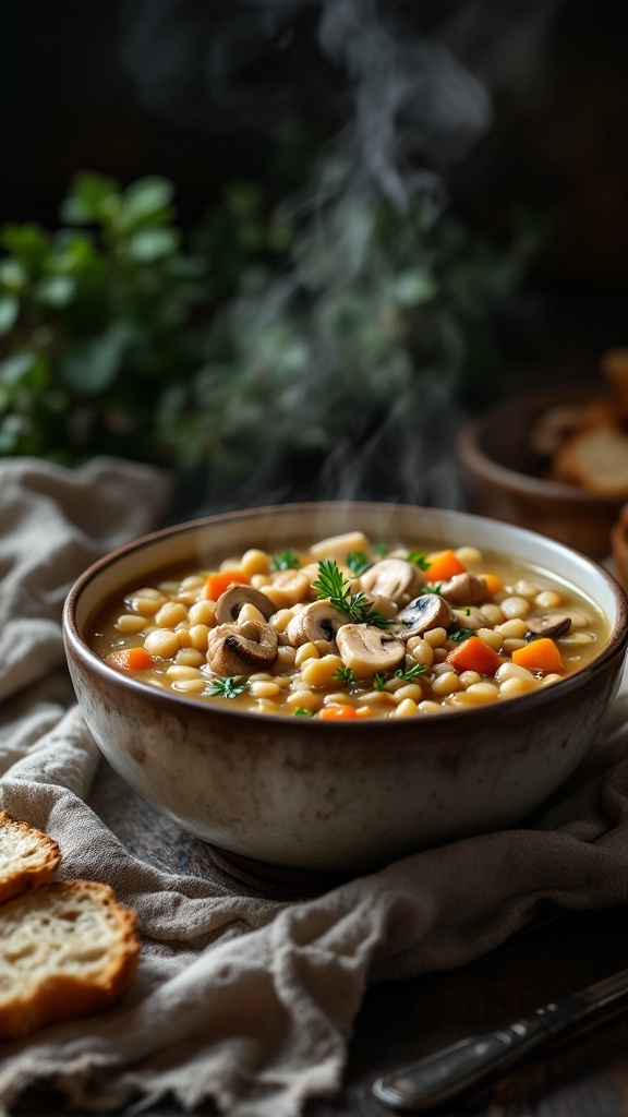 A bowl of chicken and barley soup with mushrooms and carrots.