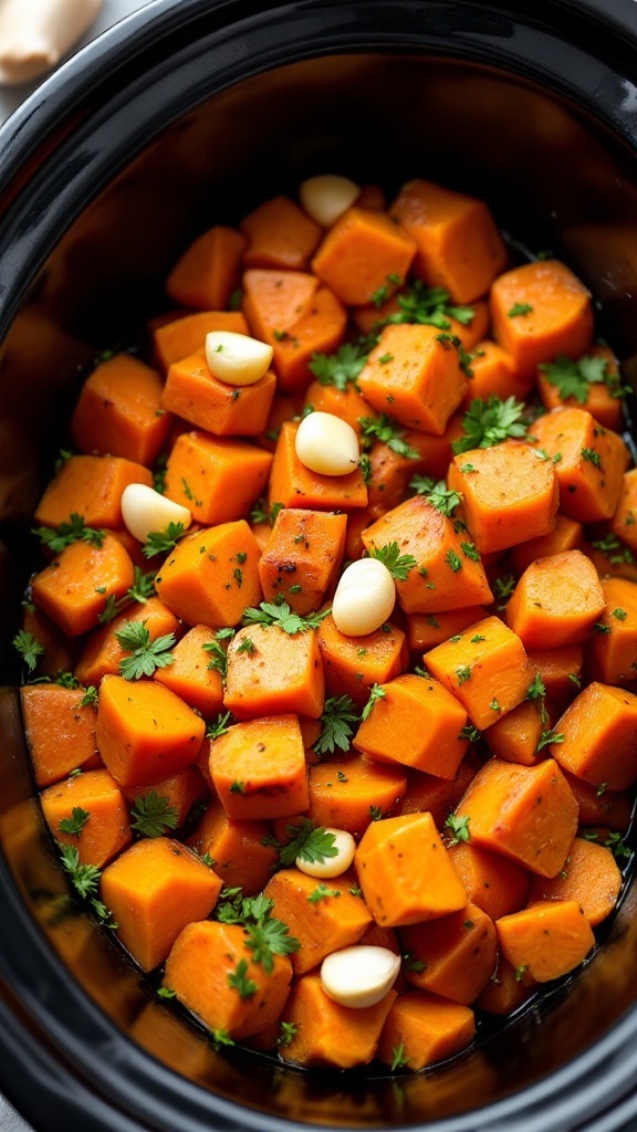 Bowl of savory garlic herb sweet potatoes seasoned with herbs and garlic.