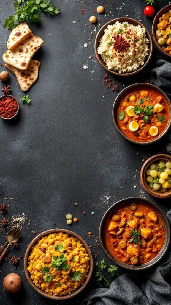 A vibrant display of Indian curry dishes with rice and naan.