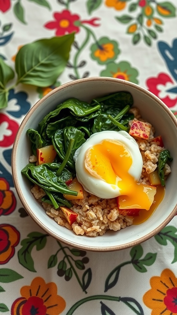 A bowl of savory oatmeal topped with spinach and a soft-boiled egg, set against a colorful floral background.