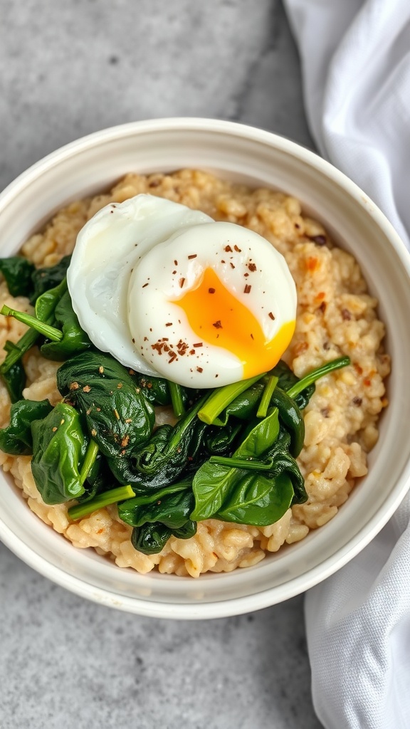 Bowl of savory oatmeal topped with spinach and a poached egg