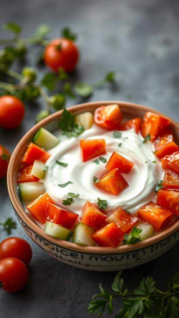 A bowl of yogurt topped with diced tomatoes and cucumbers, garnished with parsley, surrounded by cherry tomatoes.