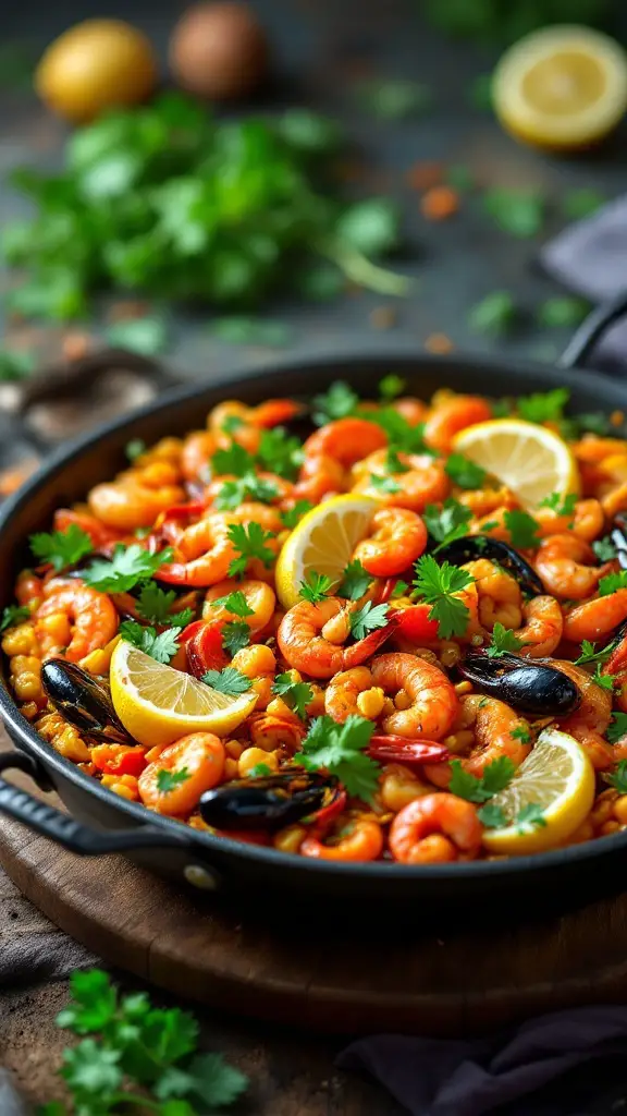 Colorful seafood paella with shrimp, mussels, and lemon garnishes