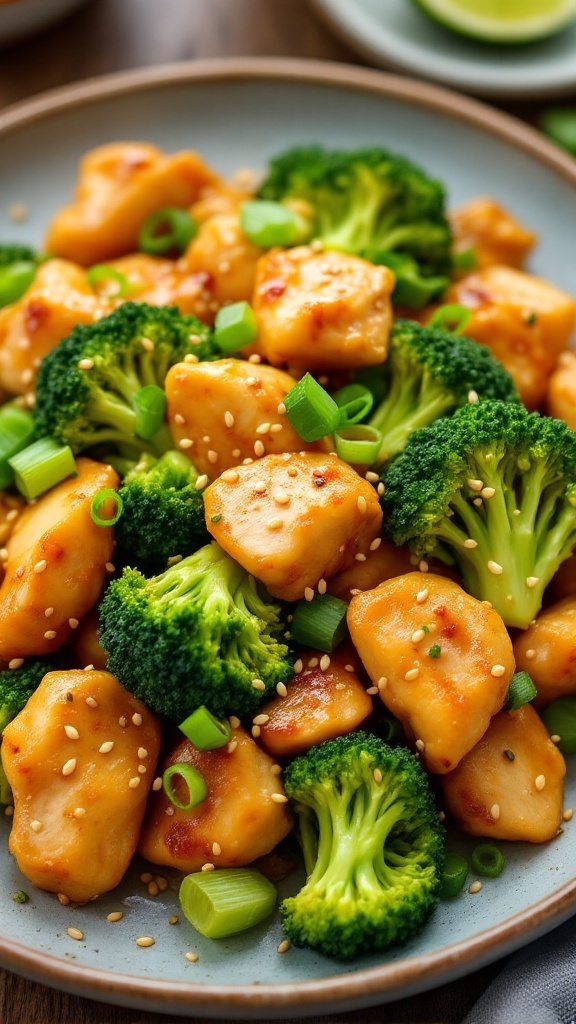 A plate of sesame chicken and broccoli, garnished with sesame seeds and green onions.