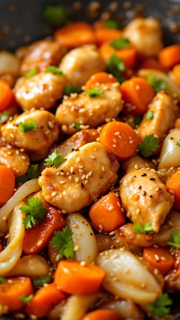 A vibrant stir-fry of sesame chicken with carrots and onions