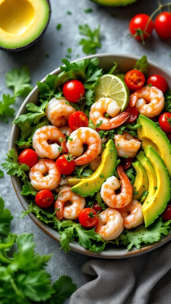 A bowl filled with shrimp, avocado, cherry tomatoes, and greens, garnished with cilantro.