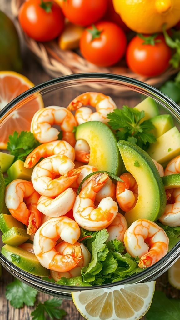 A vibrant shrimp and avocado salad with fresh vegetables and herbs.