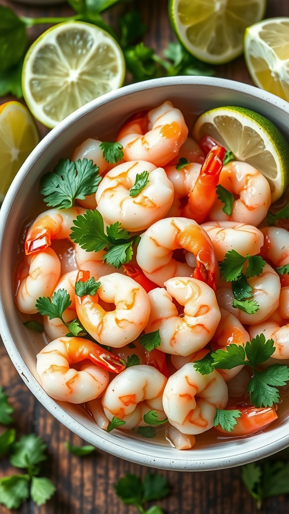 A bowl of shrimp ceviche garnished with cilantro and lime slices.