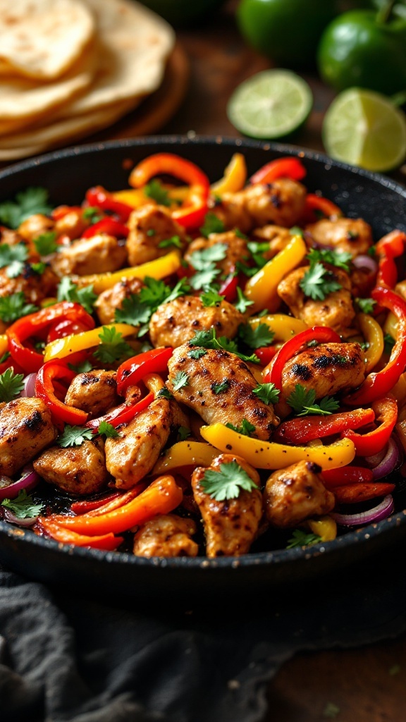 A skillet filled with sizzling chicken fajitas, bell peppers, and cilantro.