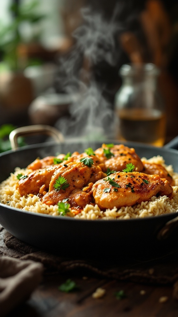 A delicious Skillet Chicken Ala King served over rice with fresh herbs