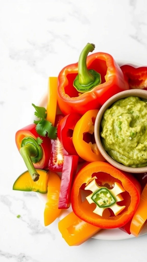 A colorful assortment of sliced bell peppers arranged around a bowl of guacamole.