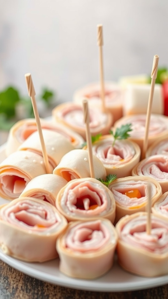 A plate of sliced turkey and cheese roll-ups secured with toothpicks