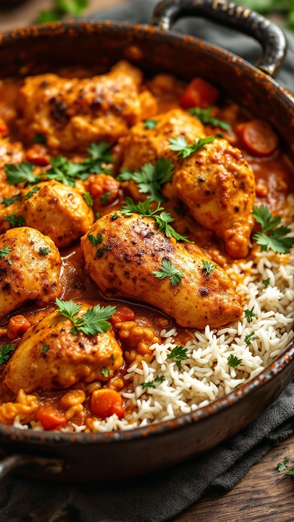 Delicious slow-cooked chicken tikka masala with rice and vegetables