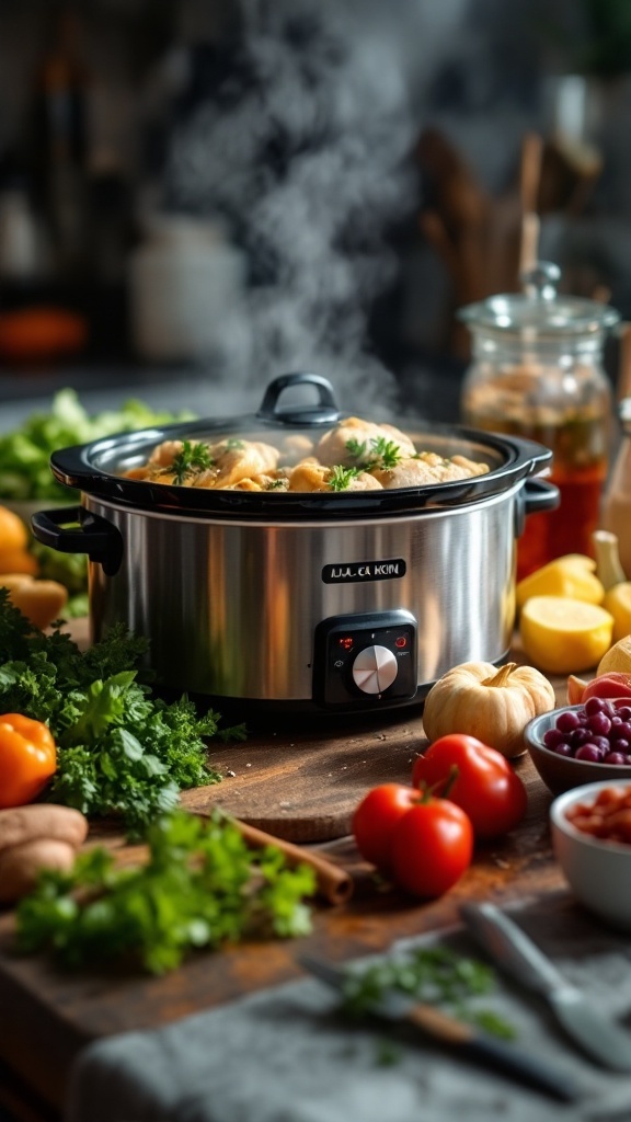 A slow cooker filled with chicken and vegetables, with steam rising from it.