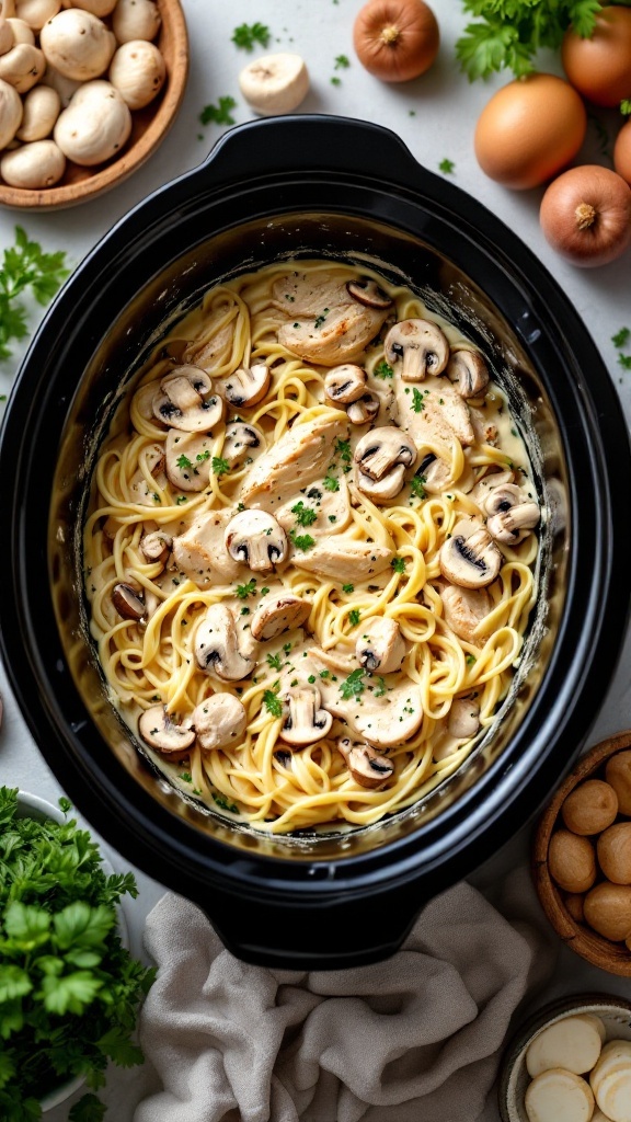 A creamy chicken alfredo pasta dish with mushrooms cooked in a slow cooker.