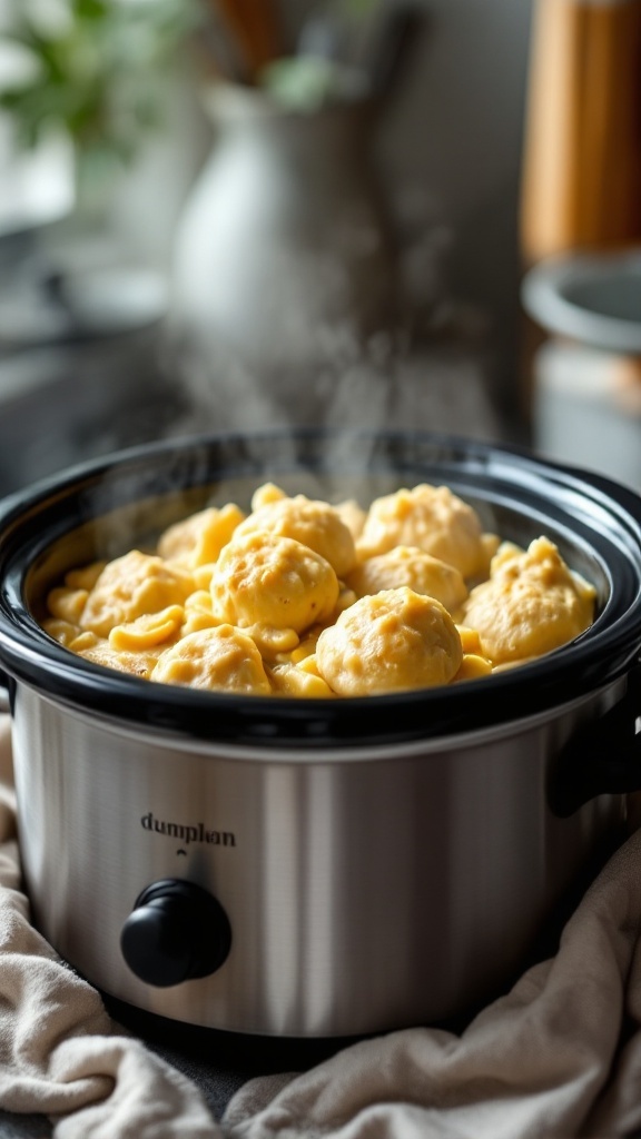 A slow cooker filled with chicken and dumplings, emitting steam.