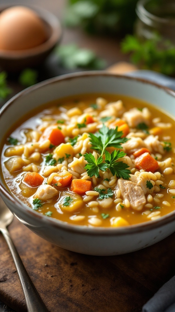 Bowl of chicken and rice soup with vegetables and fresh herbs