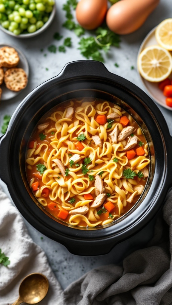 A warm bowl of slow cooker chicken noodle soup with vegetables and egg noodles.