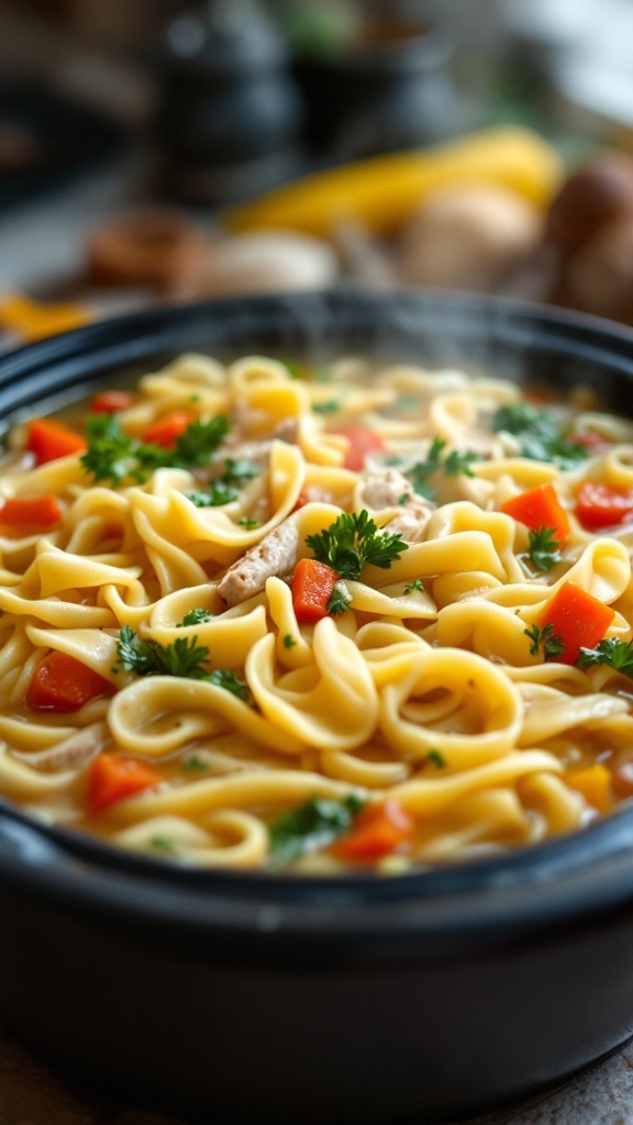 A bowl of delicious slow cooker chicken noodle soup with egg noodles, carrots, and parsley.