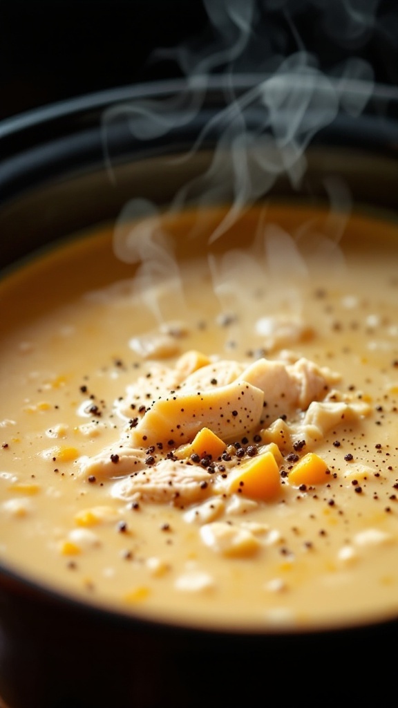 A warm bowl of creamy chicken soup with shredded chicken and diced vegetables, steaming and inviting.