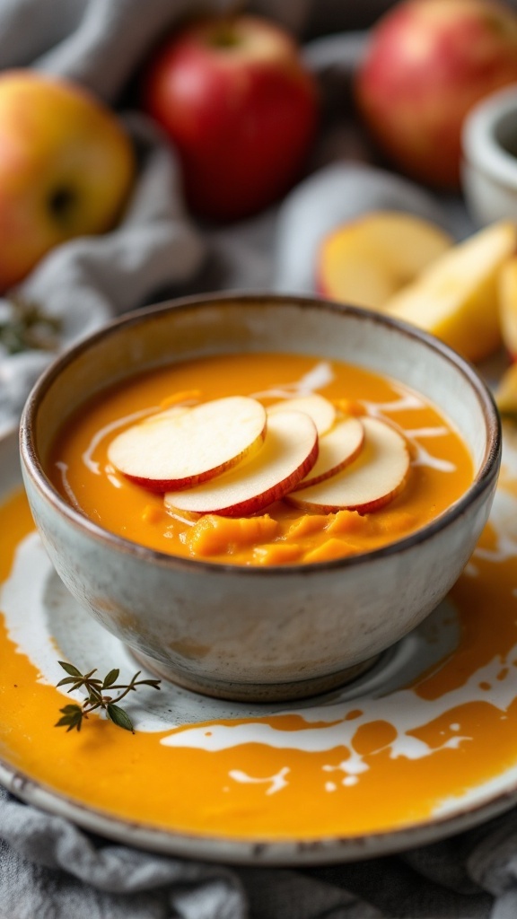 A bowl of sweet potato and apple soup garnished with apple slices, surrounded by fresh apples.