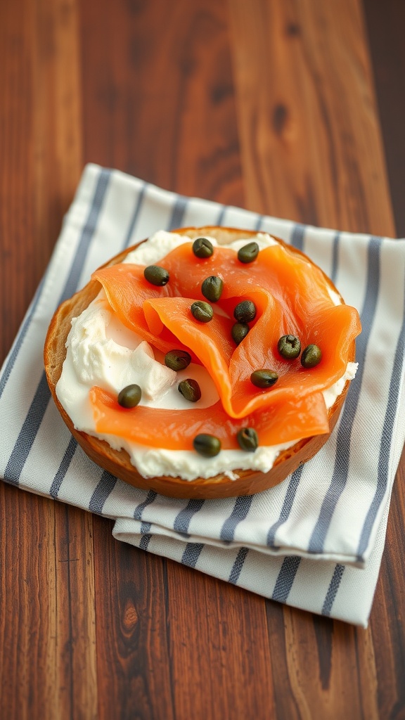 Smoked salmon and cream cheese bagel on a striped napkin