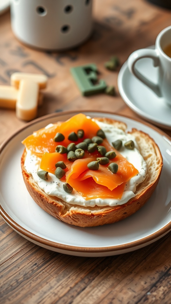 Smoked salmon and cream cheese bagel with capers on a plate.