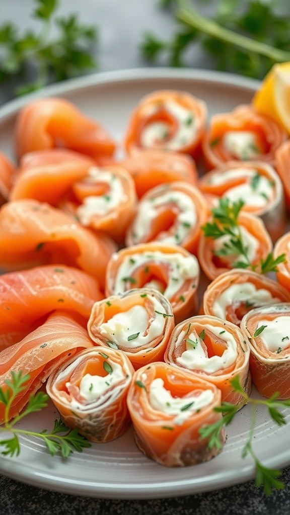 Plate of smoked salmon and cream cheese roll-ups garnished with herbs.