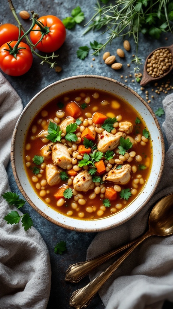 A bowl of smoky chicken and barley soup with vegetables and garnished with herbs.