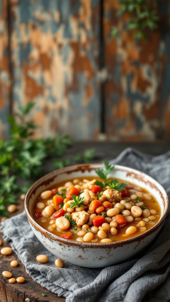 A bowl of smokey chicken barley and bean soup garnished with parsley.