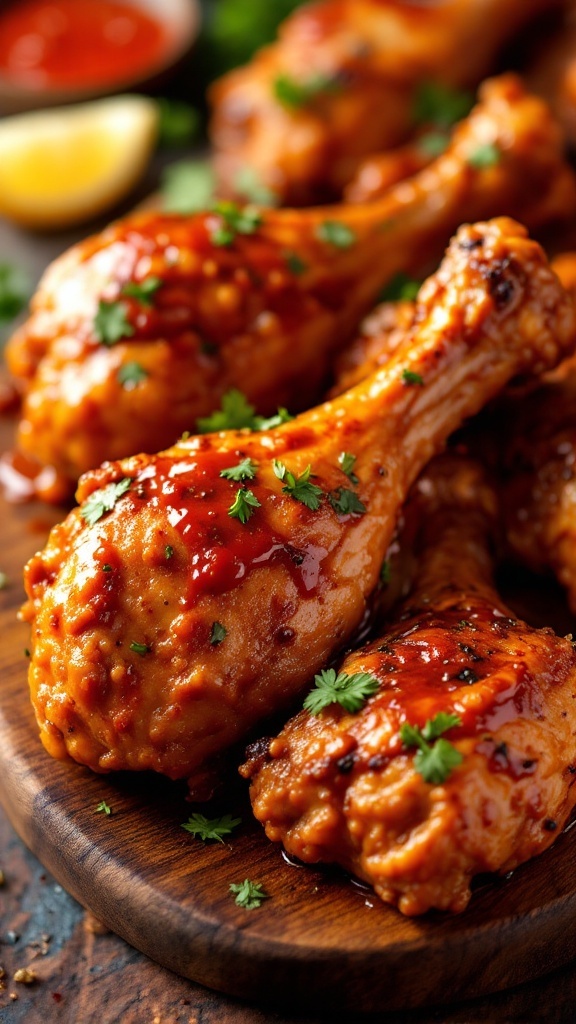 Smoky chipotle chicken drumsticks garnished with cilantro