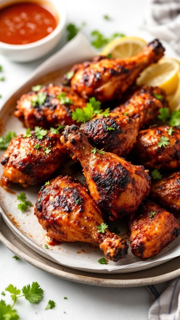 Plate of smoky chipotle chicken legs garnished with cilantro