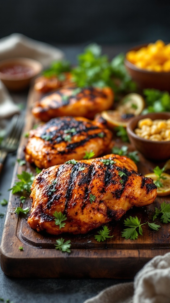 Smoky paprika grilled chicken thighs on a wooden platter with fresh herbs