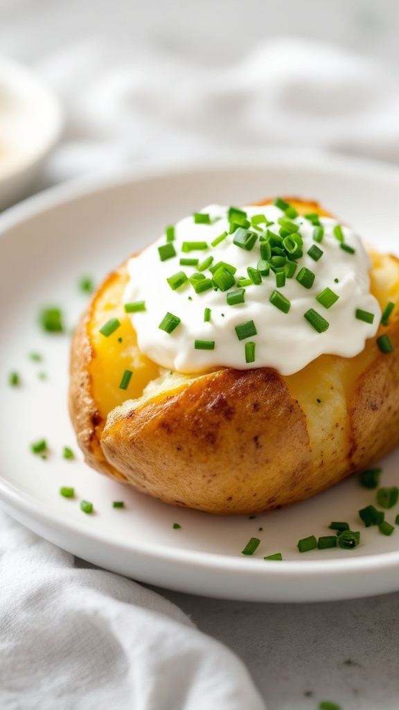 A delicious baked potato topped with sour cream and chopped chives.